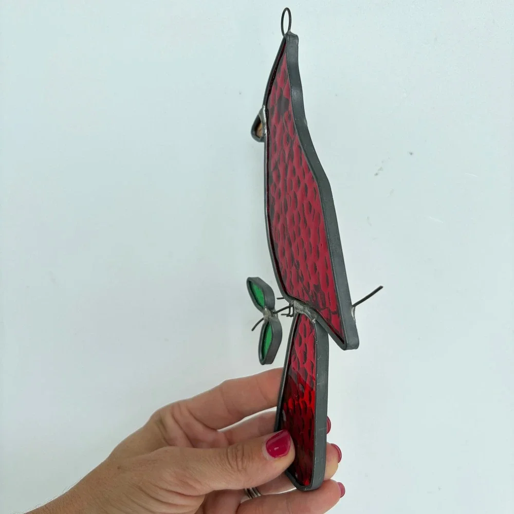 Vintage Stained Glass Cardinal Suncatcher Red Bird Window Hanging Decor 8 inch